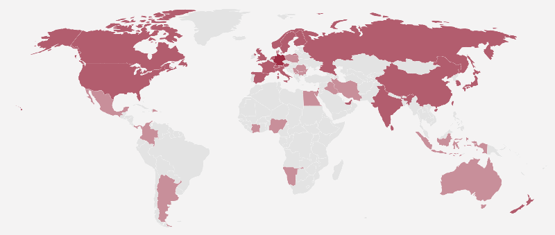 Weltkarte, auf der alle teilnehmenden Länder farblich markiert sind