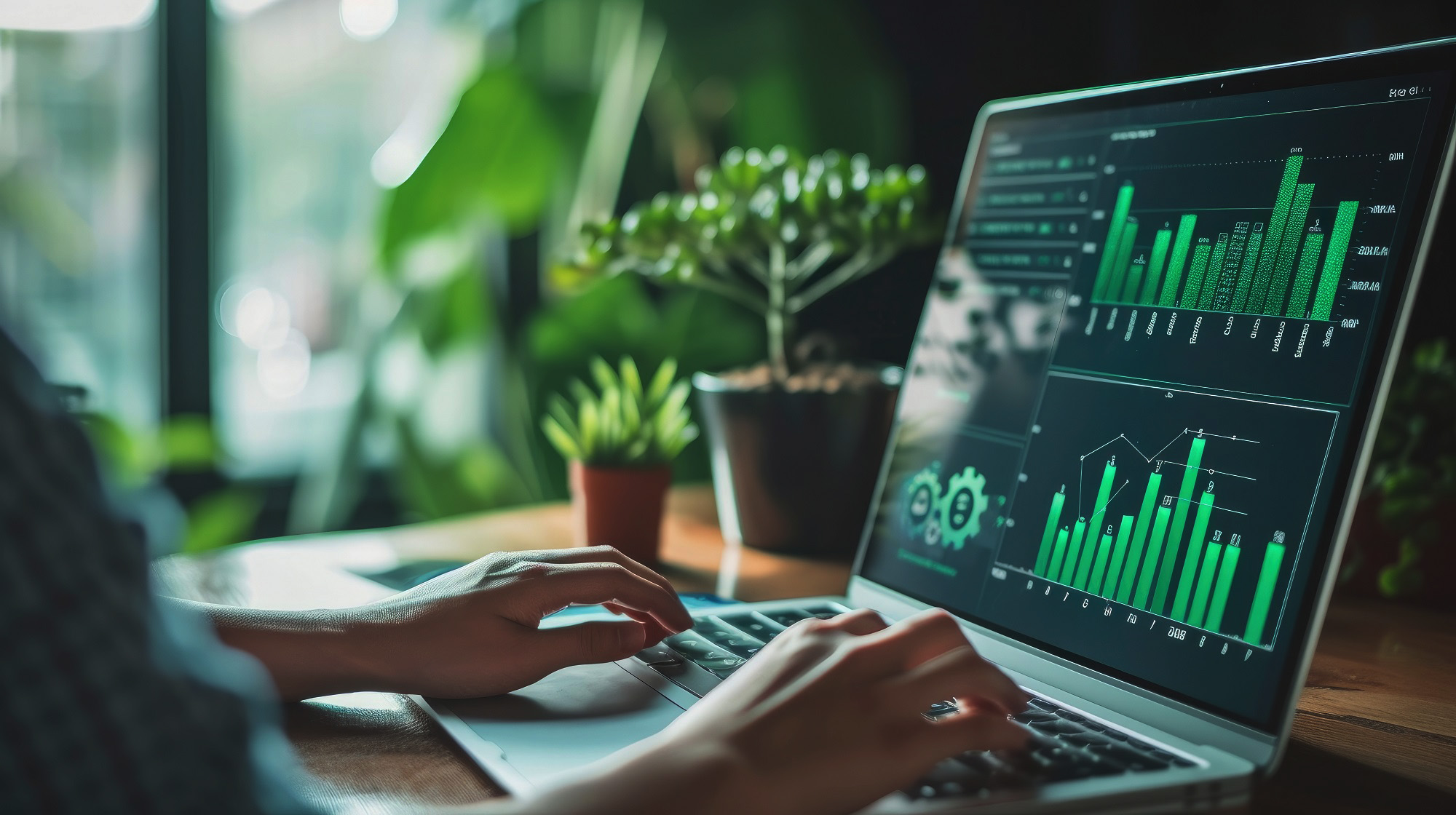 Person arbeitet am Laptop mit grünen Datenvisualisierungen, Pflanzen im Hintergrund.