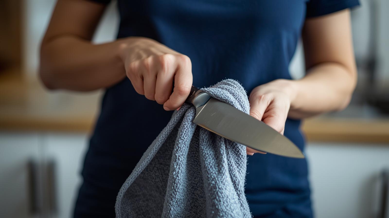 Person trocknet ein Küchenmesser mit einem Handtuch ab
