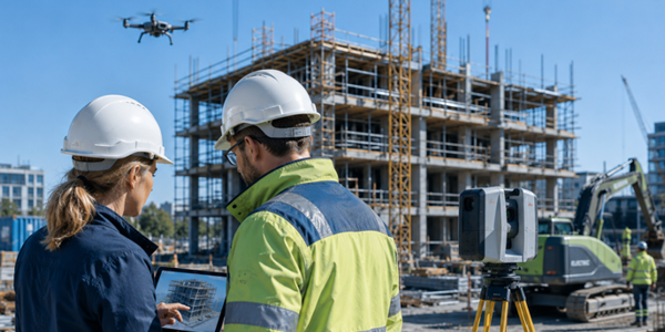 Zwei Bauexperten stehen vor einer Baustelle und nutzen digitale Lösungen