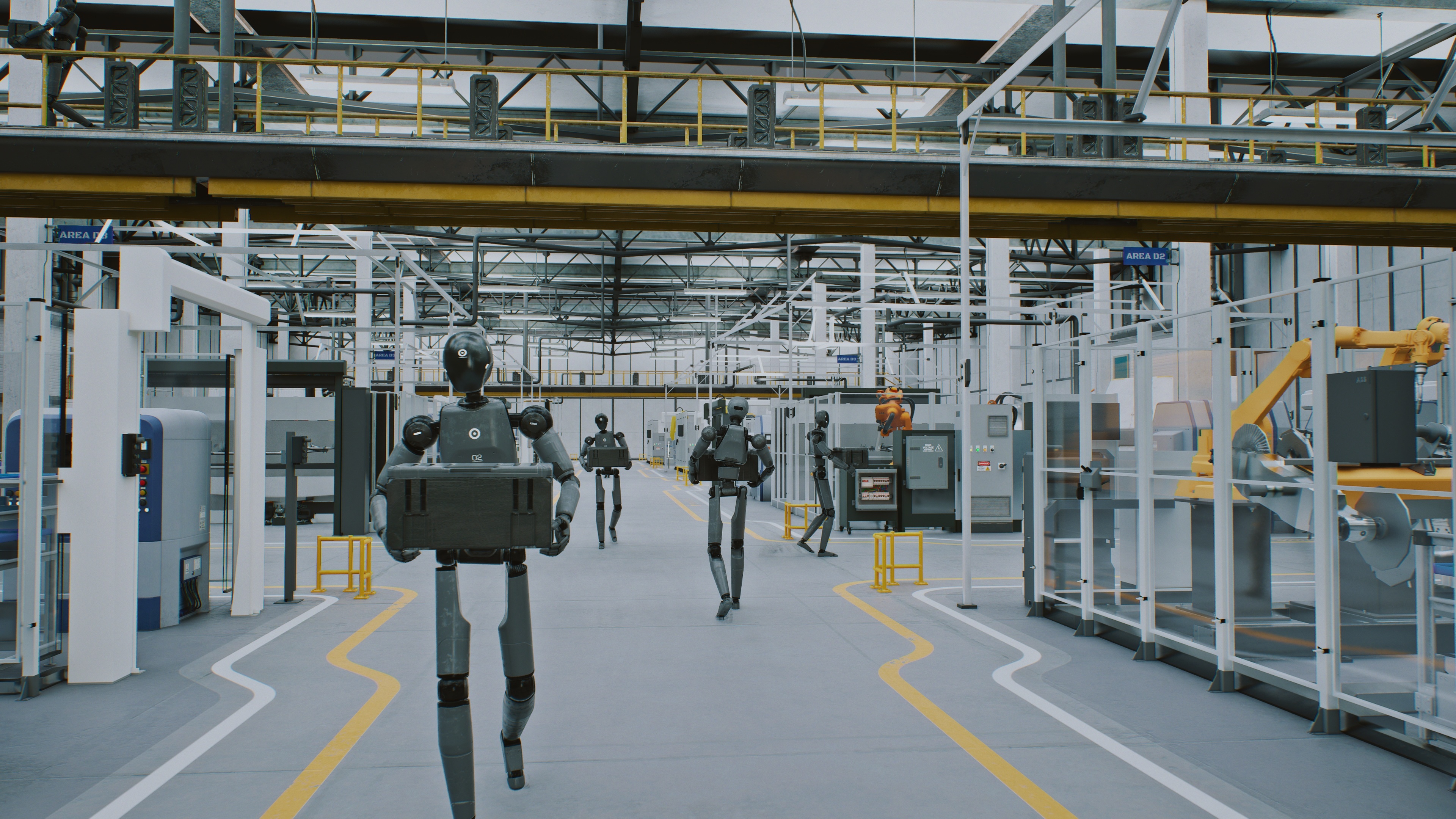 Roboter in moderner Fabrikhalle zwischen automatisierten Produktionsanlagen.
