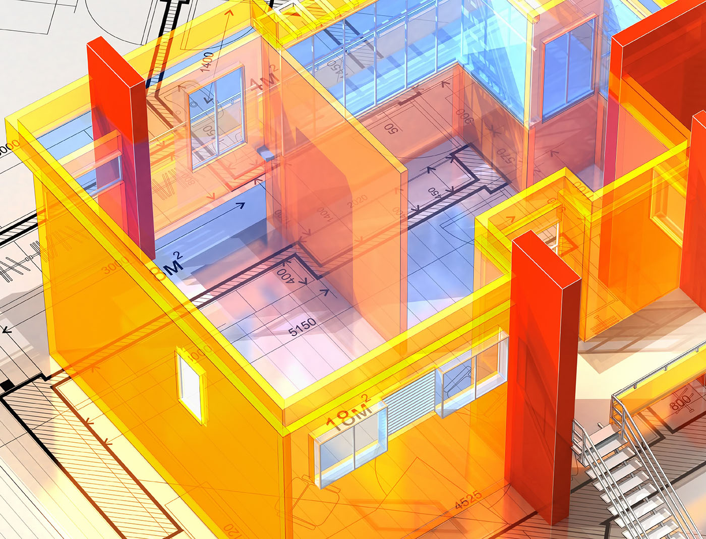Ein virtuelles Modellhaus auf einem Bauplan