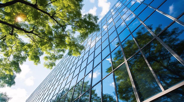 Blaue spiegelnde Hausfassade mit grünem Baum daneben