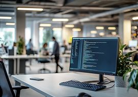 Blick auf einen leeren Abeitsplatz im Großraumbüro, auf dem Bildschirm sieht man Code