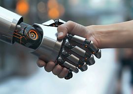 Eine Roboterhand und eine menschlichen Hand schütteln sich