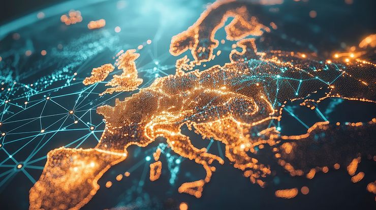 Kartenansicht von Europa mit leuchtenden vernetzten Punkten