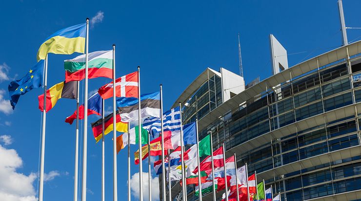 Flaggen der europäischen Länder vor dem Gebäude des Europäischen Parlaments in Straßburg