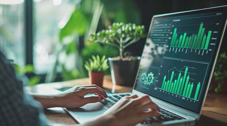 Person arbeitet am Laptop mit grünen Datenvisualisierungen, Pflanzen im Hintergrund.