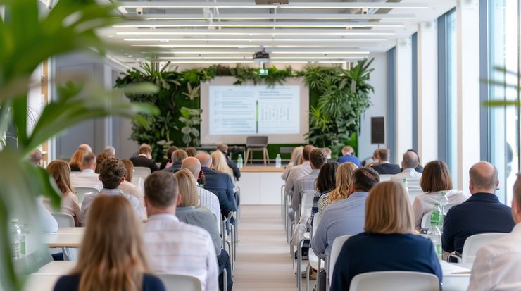 Blick auf eine Veranstaltung in hellen Räumen mit vielen grünen Pflanzen