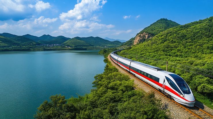 Moderner Zug neben einem See, umgeben von grünen Hügeln bei klarem Himmel.