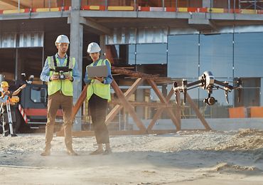 Bauchfachleute arbeiten mit einer Drohne auf der Baustelle