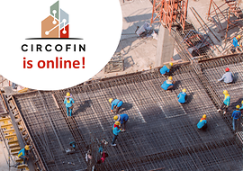 Bauarbeiter*innen auf einer Baustelle, Logo von CirCoFin daneben.