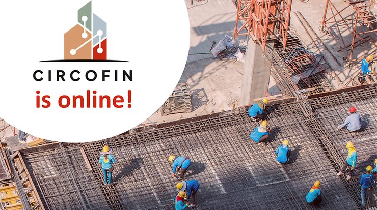 Bauarbeiter*innen auf einer Baustelle, Logo von CirCoFin daneben.