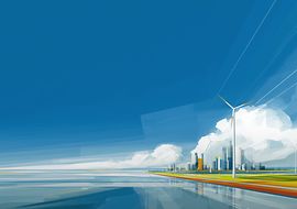 Futuristische Landschaft mit Windkraftanlagen und moderner Stadt im Hintergrund bei klarem Himmel.