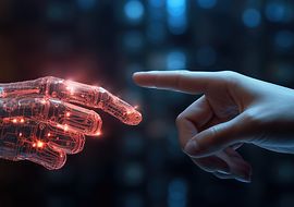 Eine KI-Hand und ein menschlicher Finger berühren sich.