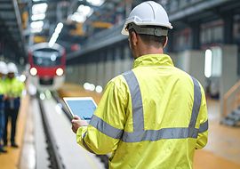 Mann in Sicherheitskleidung verwendet Tablet in einer industriellen Umgebung vor einem Zug.