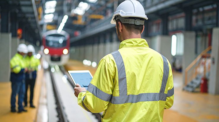 Mann in Sicherheitskleidung verwendet Tablet in einer industriellen Umgebung vor einem Zug.