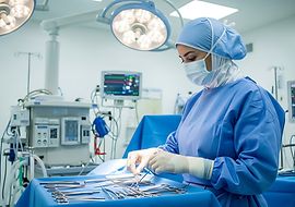 Chirurgin im OP mit chirurgischen Instrumenten und Medizinprodukten