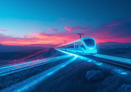 Hochmoderner Zug bei Sonnenuntergang auf beleuchteten Gleisen in futuristischer Landschaft.