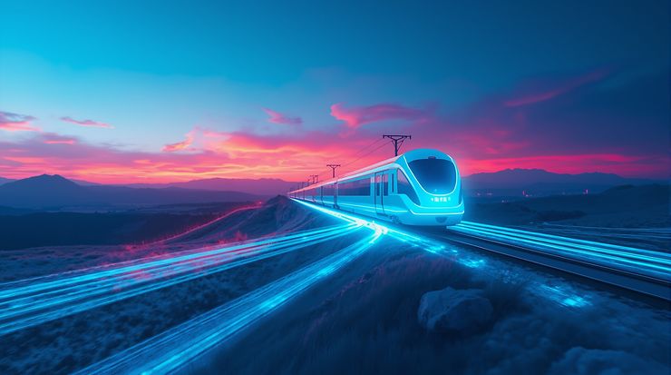 Hochmoderner Zug bei Sonnenuntergang auf beleuchteten Gleisen in futuristischer Landschaft.