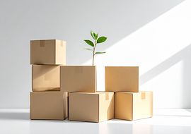 Kartons mit einem grünen Zweig vor weißem Hintergrund