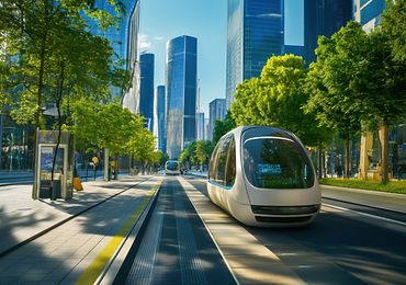 Moderner Elektrobus in einer grünen, urbanen Stadtlandschaft mit hohen Glasgebäuden.