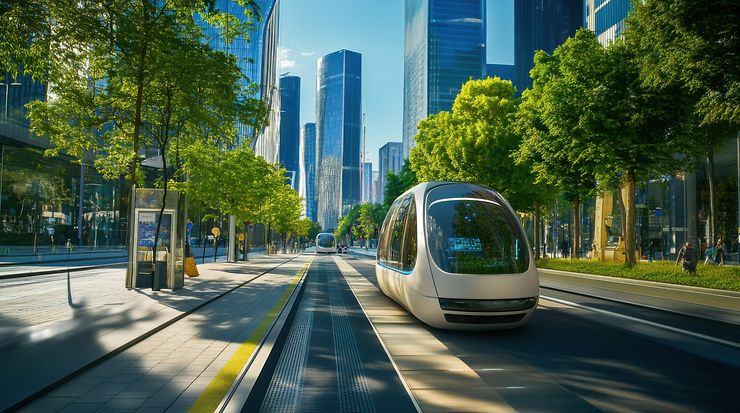 Moderner Elektrobus in einer grünen, urbanen Stadtlandschaft mit hohen Glasgebäuden.