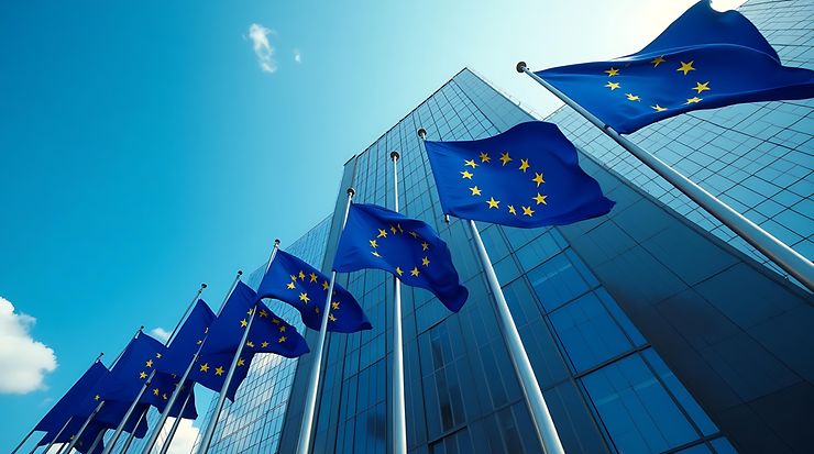 EU-Flaggen wehen vor einem modernen Glasgebäude