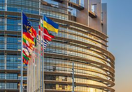 Flaggen von EU-Mitgliedsstaaten vor einem modernen Gebäude bei Sonnenuntergang