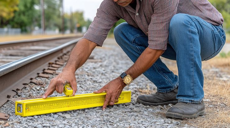 Person misst Schotterbett an Bahngleisen mit einer Wasserwaage und einem Maßband.