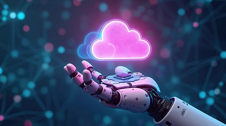 Roboterhand hält eine leuchtende, pinke Wolke vor digitaler, vernetzter Kulisse.