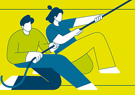 Illustration mit zwei Personen, die an gemeinsam an einem Seil ziehen