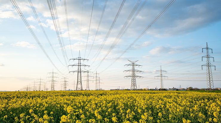 Hochspannungsleitungen und Freileitungsmasten für elektrische Energie auf Feldern
