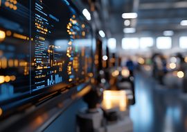 Blick in einen Raum, links ein Bildschirm mit Daten und bunten Elementen