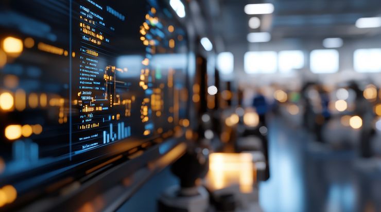 Blick in einen Raum, links ein Bildschirm mit Daten und bunten Elementen