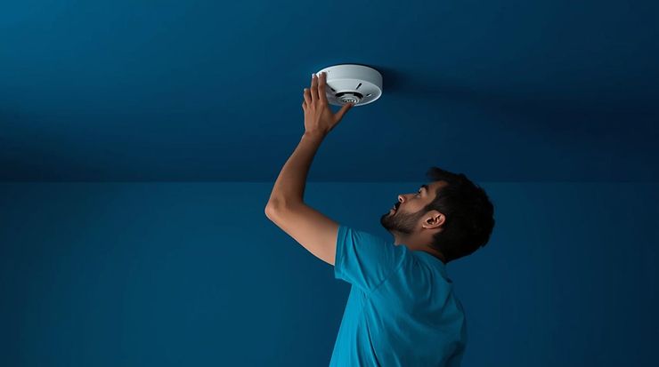 Person installiert Rauchmelder an der Decke.