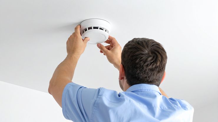 Person installiert Rauchmelder an der Decke in einem hellen Raum.