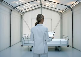 Ärztin steht in mobilem Feldkrankenhaus