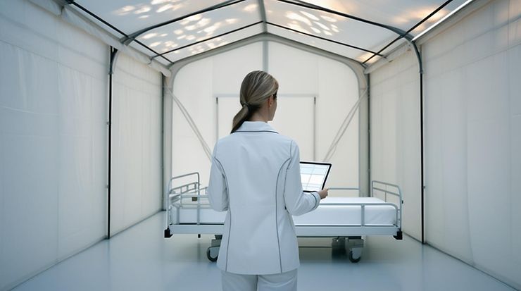 Ärztin steht in mobilem Feldkrankenhaus