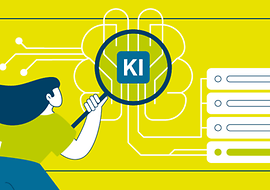 Illustration einer Person, die mit einer Lupe ein Gehirn mit der Aufschrift KI prüft
