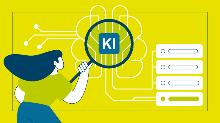 Illustration einer Person, die mit einer Lupe ein Gehirn mit der Aufschrift KI prüft