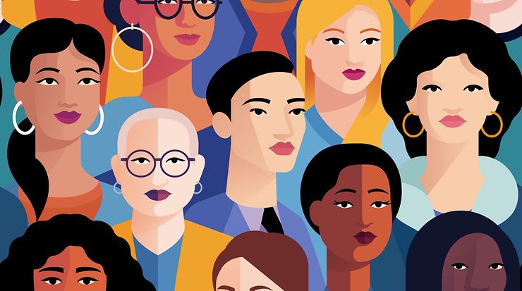 Illustration einer vielfältigen Gruppe von Frauen in lebhaften Farben.