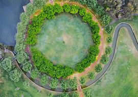 Vogelperspektive auf einen Park mit Wiesen und Bäumen die in einem Kreis stehen