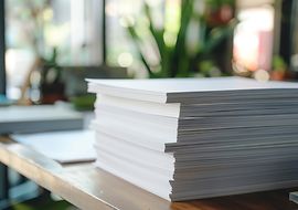 Stapel weißer Papierbögen auf einem Tisch in hellem Ambiente.