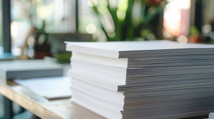 Stapel weißer Papierbögen auf einem Tisch in hellem Ambiente.