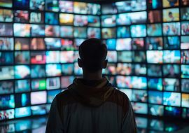 Person betrachtet eine große Wand mit zahlreichen Bildschirmen.