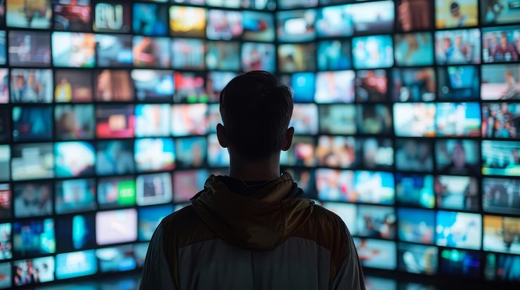 Person betrachtet eine große Wand mit zahlreichen Bildschirmen.