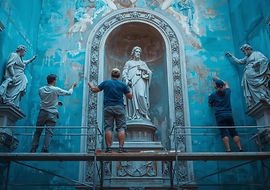 Drei Personen restaurieren eine kunstvolle Wand mit Statuen in einem historischen Gebäude.