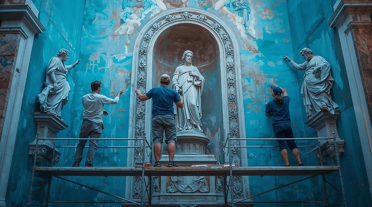Drei Personen restaurieren eine kunstvolle Wand mit Statuen in einem historischen Gebäude.