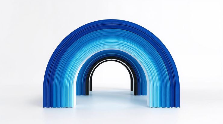 Abstrakte Struktur in Bogenform aus blauen Elementen.